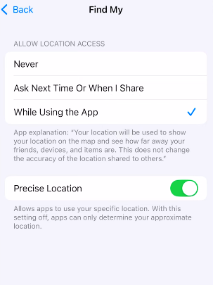 Confirm Find My Permissions Precise Location