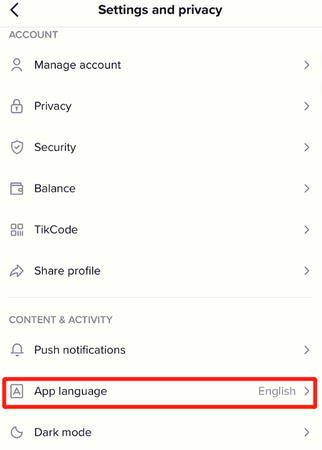 Settings and Privacy App Language