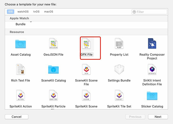 Xcode GPXファイルを新規作成